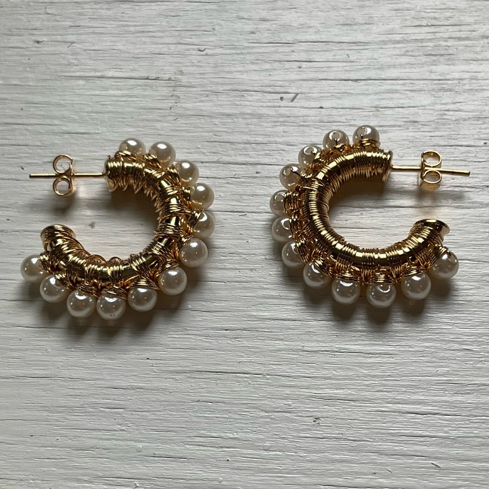 Gold and Pearl Wrapped Hoop Earrings